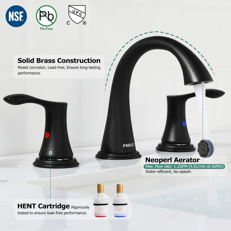 PARLOS Widespread 2 Handles Bathroom Faucet with Pop Up Sink Drain and cUPC Faucet Supply Lines, Matte Black, Demeter 14135 - Image 2